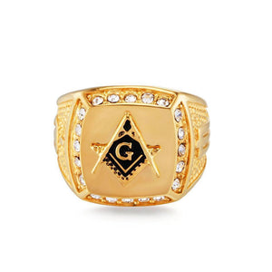 Gold Rhinestone Masonic Signet Ring