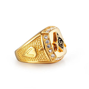 Gold Rhinestone Masonic Signet Ring