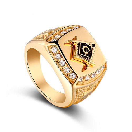 Gold Rhinestone Masonic Signet Ring